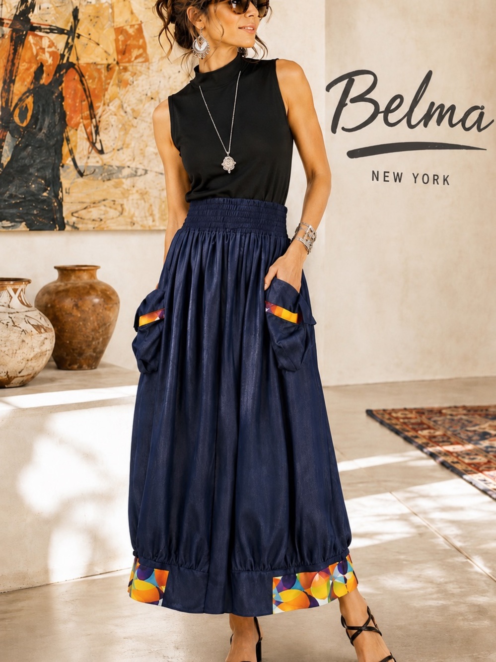 VTG Belma New York Navy Boho Maxi Skirt Smocked Waist Pockets Colorful Hem NWT M